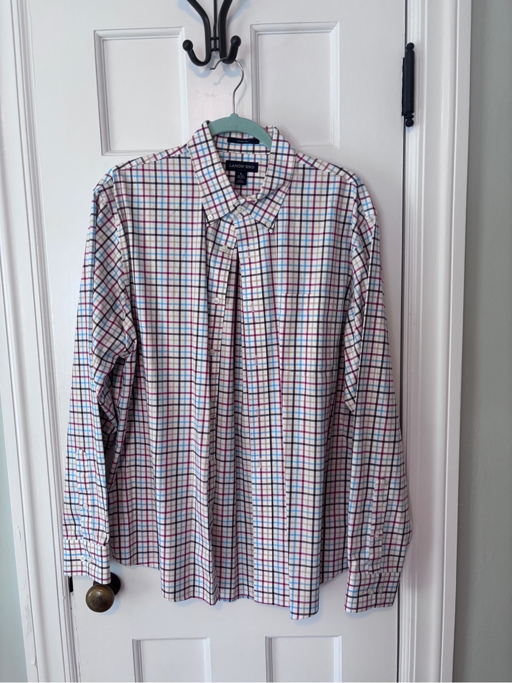 Lands' End Men's Long-Sleeve Button-Down Shirt - White with Blue and Red Plaid